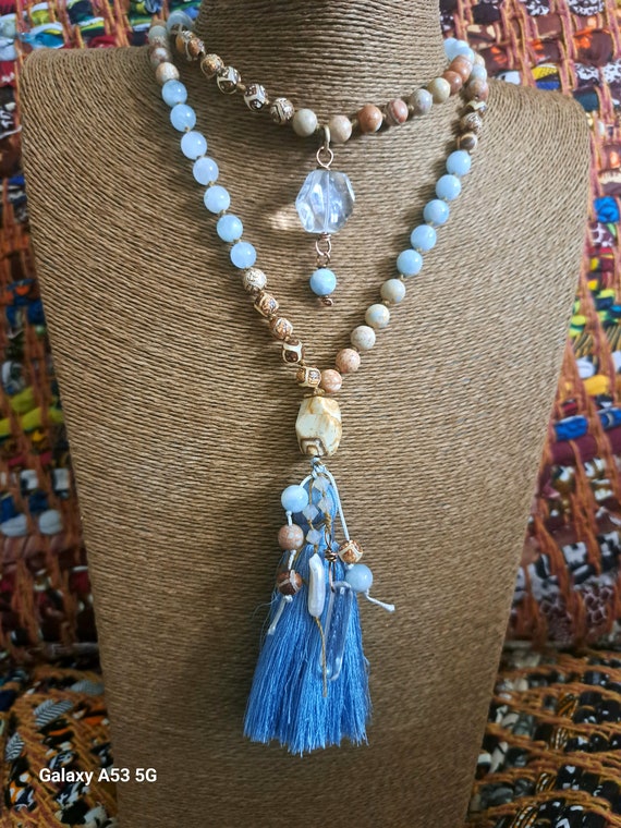 Boho super long hand knotted gemstone beaded, tassel necklace,unique one of a kind gift...x