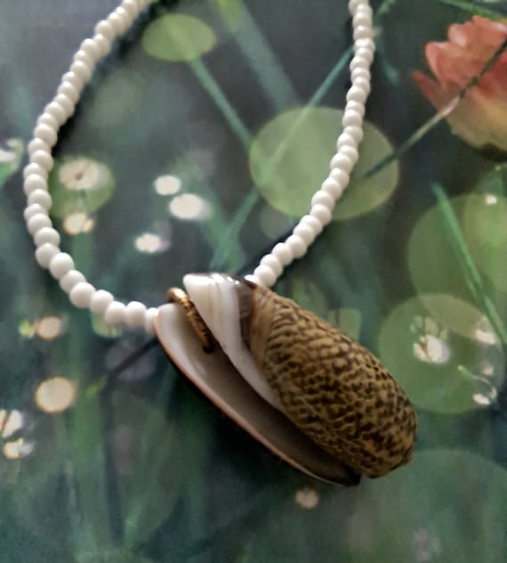 Choker style beaded necklace with a conch shell, pendant gift...x