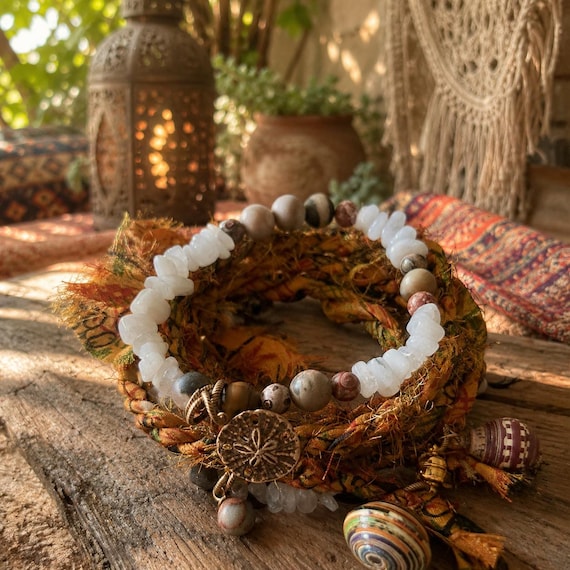 Bohemian Recycled Silk Wrap Jewelry Set, Gemstone Bracelets, Necklace, Anklet