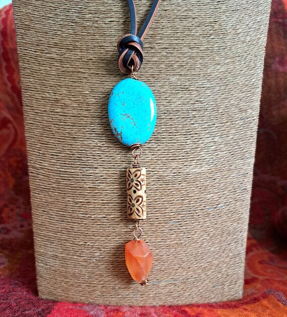 Boho pendant,turqouise, leather necklace...x