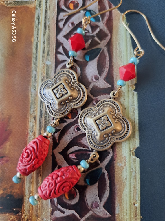 Dangle,boho,earings,Cinnabar beads, vintaj brass, unique and one of a kind gift...x