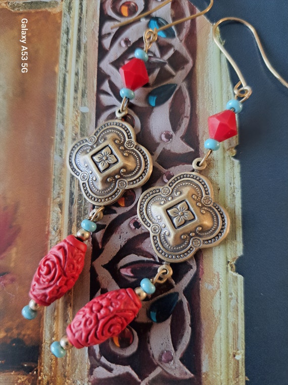 Dangle,boho,earings,Cinnabar beads, vintaj brass, unique and one of a kind gift...x