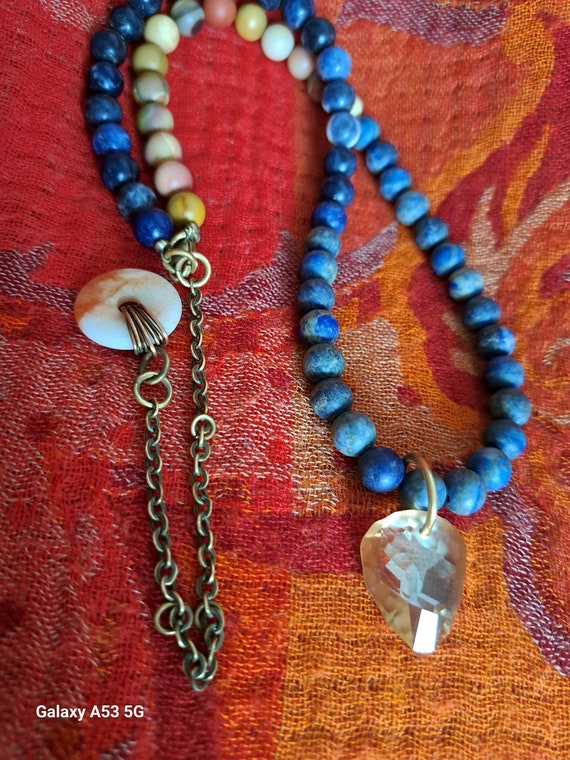 Lapiz Lazuli,aqua terra jasper, swarovski crystal pendant necklace...x