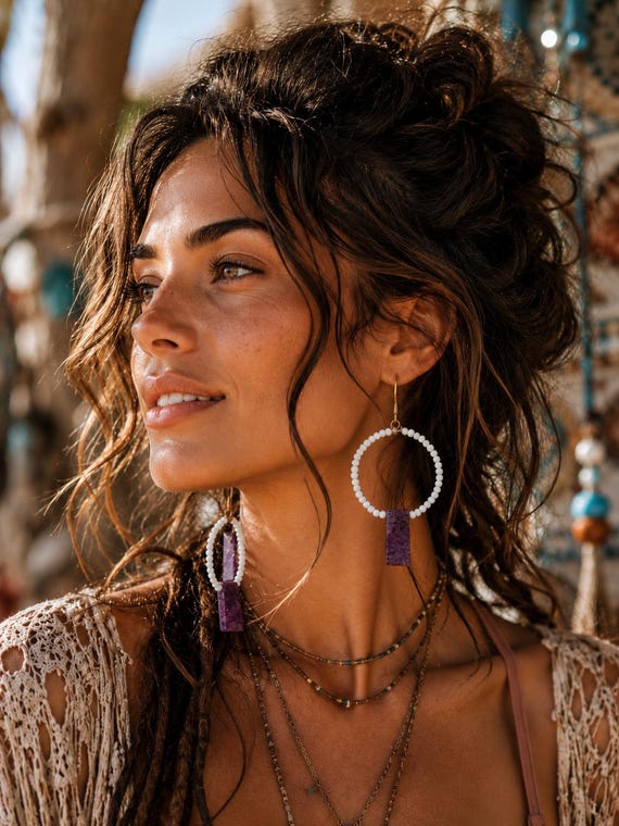 Lepidolite Purple Mica Earrings: Seed Bead Boho Hoops