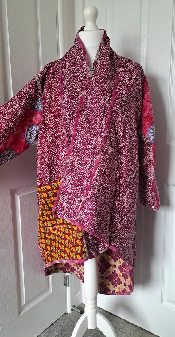 Kantha, reversible, one of a kind , pinks,plums,orange ,asymmetrical jacket...x