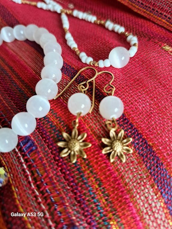 Selenite gemstone bead,vintaj brass,flower, dangle dainty earings gift...x