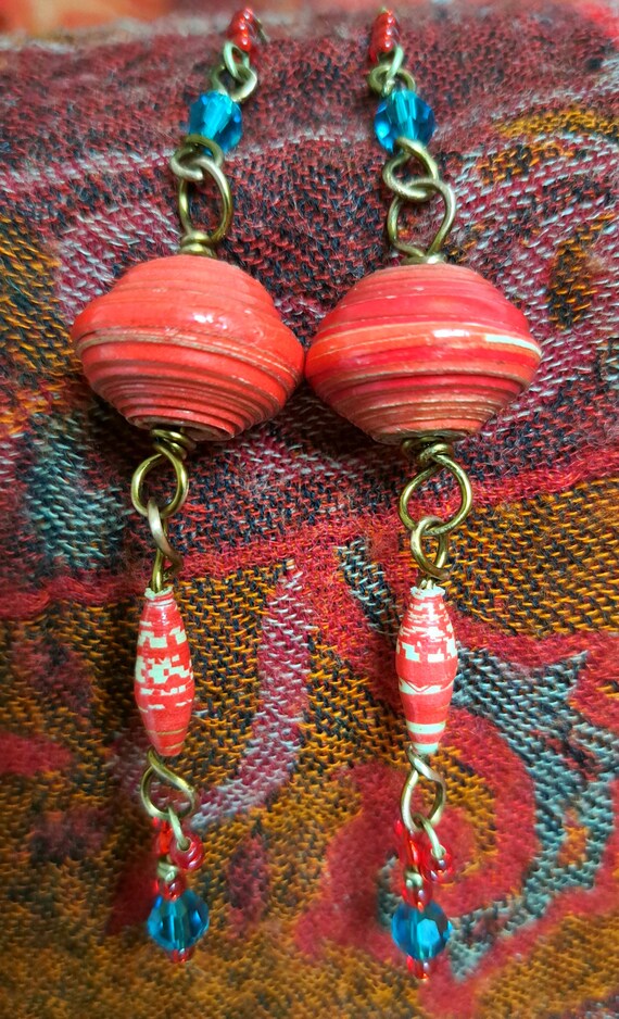 Red African bead boho earrings...x