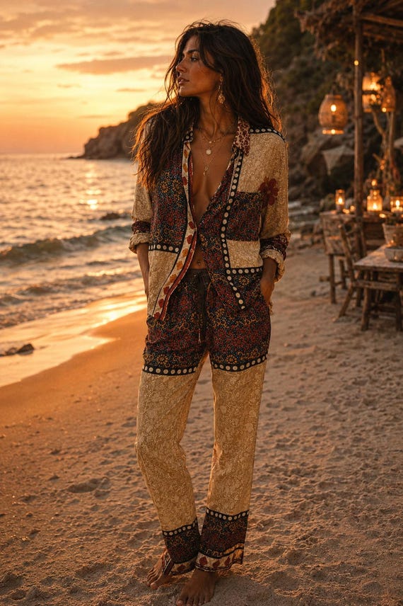 Recycled Silk Pajama Set: Unisex Bohemian Loungewear