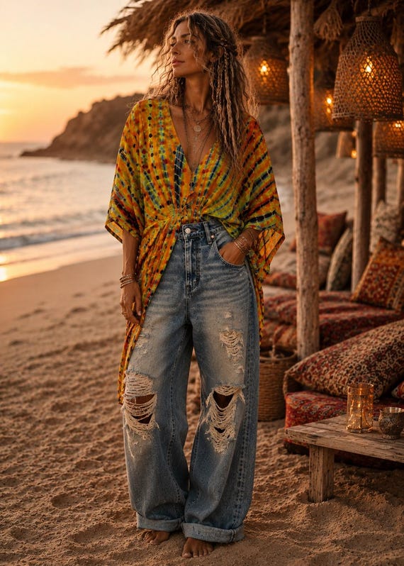 Vintage Crepe Silk Kaftan | Bohemian Resort Wear, Beach Cover-Up