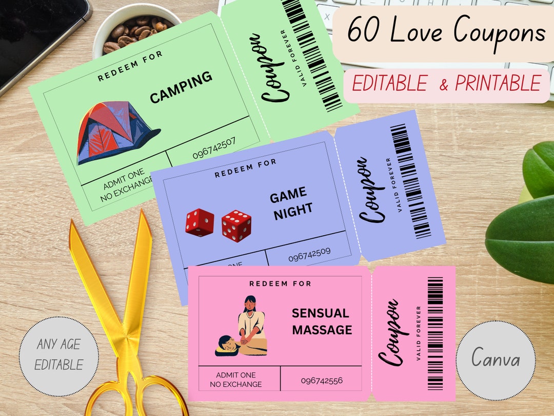 Editable Printable Love Coupon Book for Him &amp; Her Template , Couples Coupon, Anniversary Gift ...