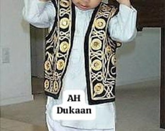 Afghan kochi wasket and cap for kids.indain qameez shalwar with waiscot for boys