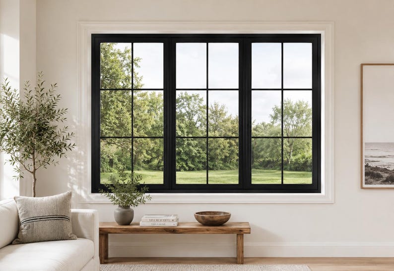 May include: A large, black-framed window with a grid pattern, offering a view of a lush green landscape. The window is set in a white wall, with a wooden bench and decorative items in front.