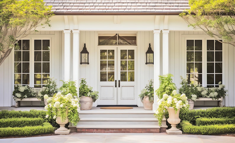 May include: Exterior view of a white house with a front porch. The porch features white columns, a double door, and black lanterns. Potted plants and manicured hedges add greenery. The house has a shingle roof.