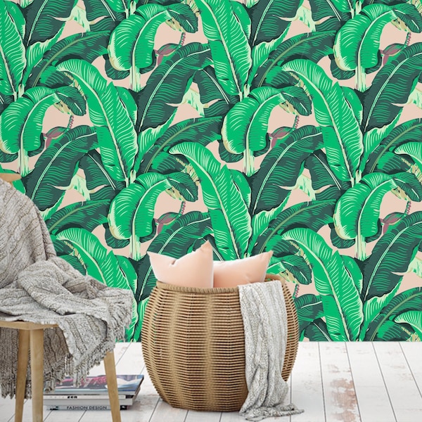 Banana Leaf Wallpaper, Beverly Hills Hotel , Peel And Stick, Highest Quality Self-Adhesive Fabric Pre-Cut Panels Easy Application (srsly!)