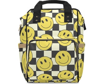 Multifunctional Diaper Backpack Checkered Smiley Face Bag Mom Baby Kid Bag Backpack