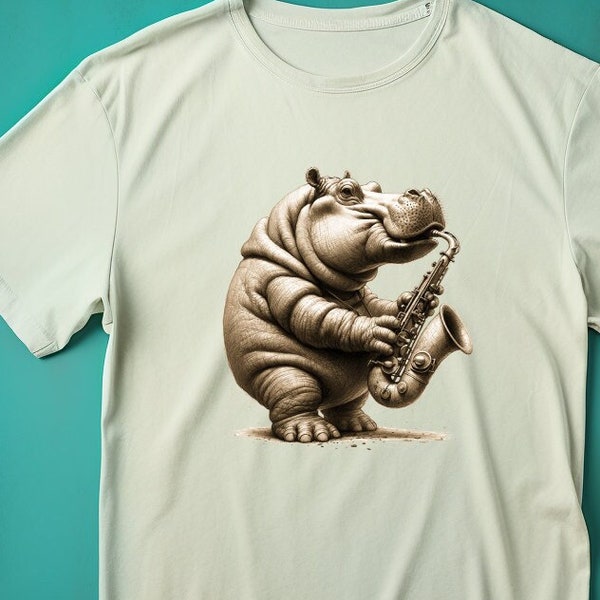 Hippo T-Shirt Gift - Hippo Playing Sax Shirt - Men's Hippo Shirt - Men's Graphic Tee Hippo Sax Hippo Gifts Music Gift