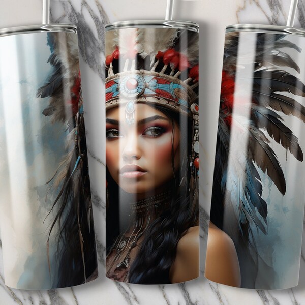 Boho Chic Tribal Woman 20 oz Skinny Tumbler Design, Colorful Feather Headdress Art, Sublimation Tumbler Template, Unique Drinkware