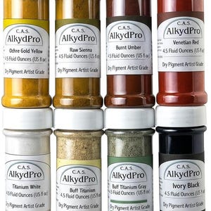 May include: A collection of eight cylindrical jars of AlkydPro dry pigment artist grade paint. Colors include Ochre Gold Yellow, Raw Sienna, Burnt Umber, Venetian Red, Titanium White, Buff Titanium, Buff Titanium Gray, and Ivory Black. Each jar contains 4.5 fluid ounces.