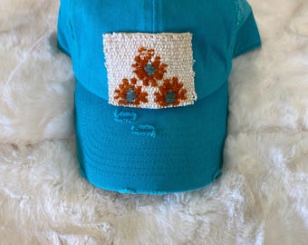 Teal Trendy Baseball Trucker Hat with Kilim Turkish patch