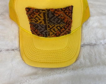 Yellow Trendy Trucker Hat, Kilim Turkish patch, trucker hat,
