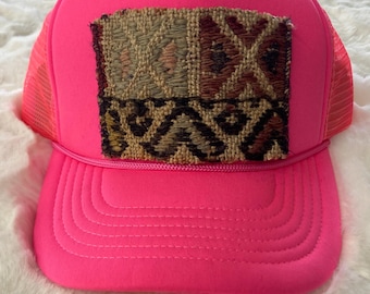 Neon Pink Trendy Trucker Hat, Kilim Turkish patch, trucker hat,