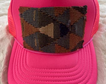 Neon pink Trendy Trucker Hat, Kilim Turkish patch, trucker hat,