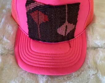 Neon Pink Trendy Trucker Hat, Kilim Turkish patch, trucker hat,