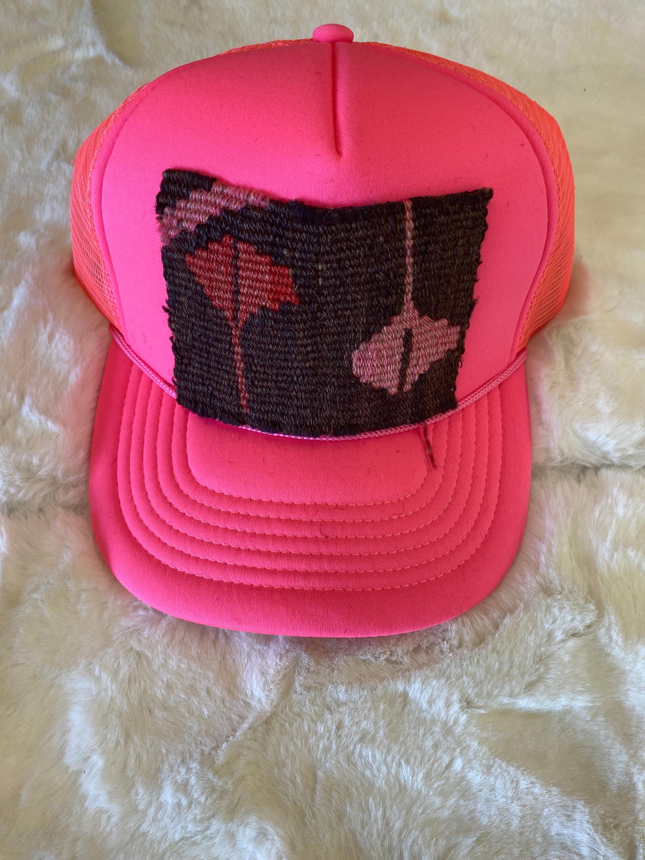 Neon Pink Trendy Trucker Hat, Kilim Turkish Patch, Trucker 