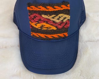 Navy Blue Trendy Trucker Hat with Kilim Turkish patch