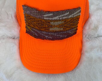 Neon Orange Trendy Trucker Hat with Turkish Kilim patch