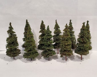 Moose Creek Trees - 4" Tall x 10 pcs Model Trees - Handmade model miniature fir/pine trees for model trains, dioramas, war gaming, etc.