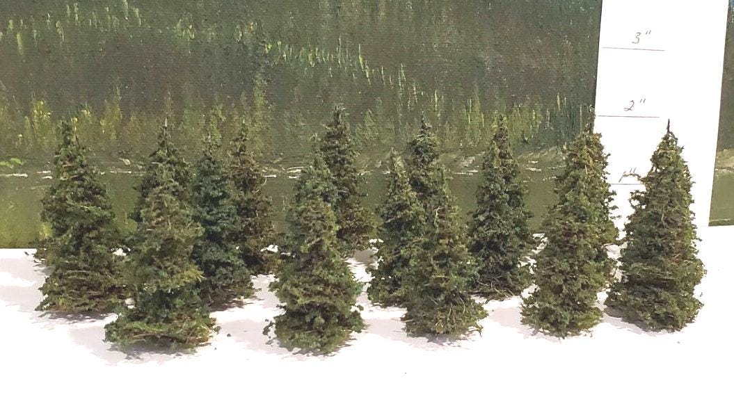 Moose Creek Trees - 2" Tall x 20 pcs Model Trees - Handmade model miniature fir/pine trees for model trains, dioramas, war gaming, etc.