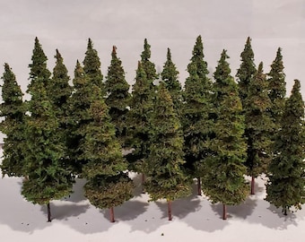 Moose Creek Trees - 5" Tall x 20 pcs Model Trees - Handmade model miniature fir/pine trees for model trains, dioramas, war gaming, etc.