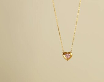 Pink sapphire Swarovski crystal sweetheart necklace 14k gold