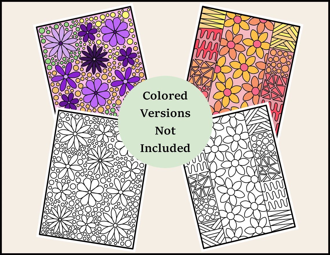 Zentangle Flower Coloring Pages, Flowers and Patterns, Digital Download