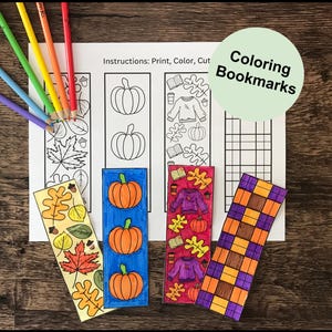May include: A set of five printable coloring bookmarks featuring fall themes. The bookmarks include pumpkins, leaves, sweaters, books, and a checkered pattern. The text "Instructions: Print, Color, Cut" and "Coloring Bookmarks" are visible on the page.