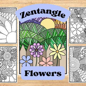 Zentangle Flower Coloring Pages, easy and bold designs (Digital Download PDF)