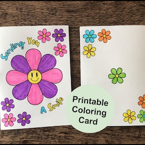 Grußkarte, Freundschaftskarte, Karte zum Ausmalen, Groovy Blumen Smiley Gesicht Design