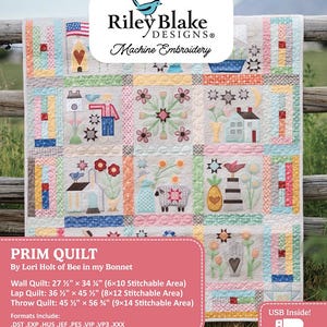May include: A colorful machine embroidery quilt by Riley Blake Designs. The quilt features various embroidered blocks with houses, flowers, and stars. The wall quilt measures 27.5" x 34.5", the lap quilt is 36.5" x 45.5", and the throw quilt is 45.5" x 56.75".
