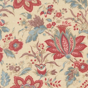 May include: A floral fabric featuring a repeating pattern of stylized flowers and foliage. The design includes large, red blossoms with intricate details, complemented by blue-green leaves and smaller red and purple accents, all set against a cream background.