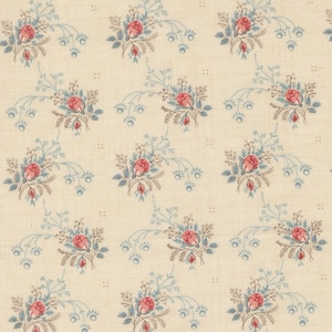 May include: Cream-colored fabric with a repeating floral pattern. The design features clusters of red roses with blue-green leaves and stems, along with small blue floral accents. The overall aesthetic is vintage and delicate.