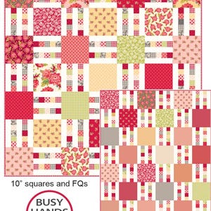 Peut inclure: Un patron de quilt intitulé "Picket Fence" avec un motif patchwork. Le quilt présente des carrés et des FQs, avec une variété de motifs floraux et géométriques en rouge, rose, vert et beige. Le patron comprend des carrés de 25,4 cm et propose 7 tailles et 2 options de disposition.