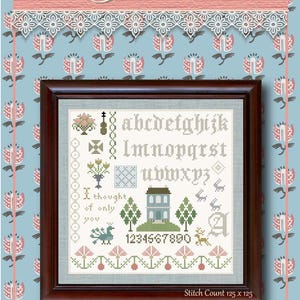 May include: Cross stitch pattern for a sampler with the name Jane, a house, trees, birds, and the alphabet. The pattern is 125 stitches by 125 stitches.