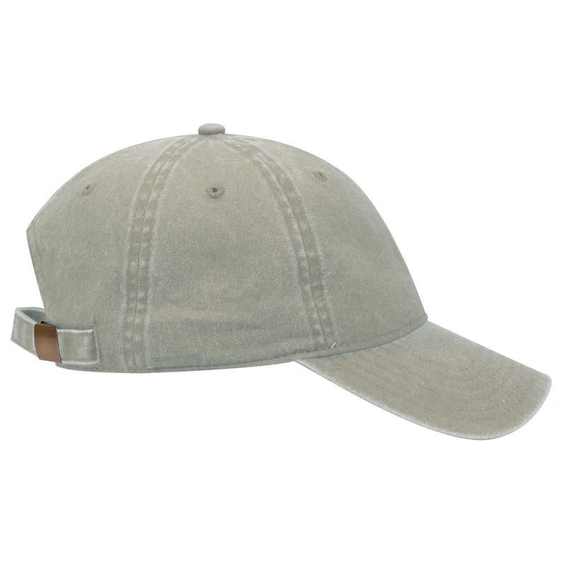 May include: A light gray, cotton baseball cap with a slightly distressed look. The cap has a curved brim and a brown adjustable strap.