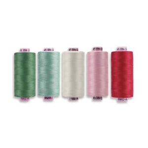 May include: Five spools of thread in various colors: green, teal, off-white, pink, and red. Each spool has a label at the top. The threads are tightly wound, and the spools are arranged in a row against a white background.