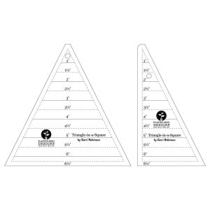 May include: Two clear acrylic quilting rulers. One is a triangle shape with measurements from 1" to 6.5". The other is a smaller triangle with measurements from 1" to 6.5". Both rulers have the text "Triangle-in-a-Square by Gerri Robinson".
