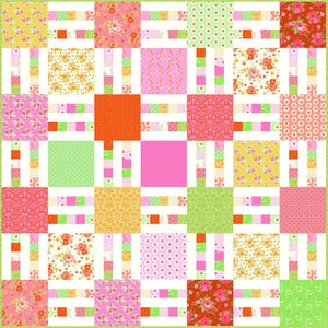 May include: A patchwork quilt with a vibrant mix of floral, polka dot, and geometric patterns in shades of pink, orange, yellow, and green. The quilt features a grid-like design with alternating squares and stripes, creating a visually appealing textile.