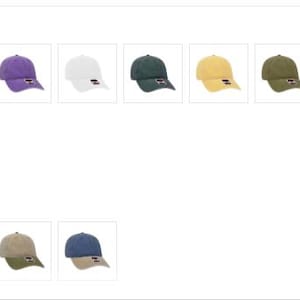 May include: A selection of baseball caps in various solid colors and a crown split design. The colors include blue, red, green, yellow, pink, orange, brown, purple, white, black, and grey.