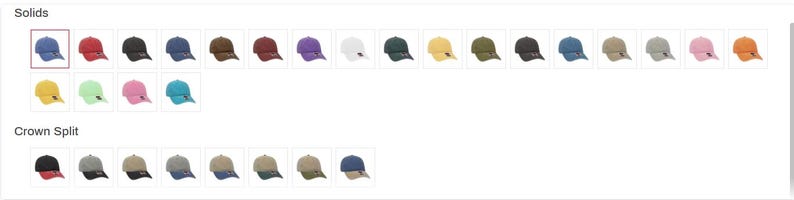 May include: A selection of baseball caps in various solid colors and a crown split design. The colors include blue, red, green, yellow, pink, orange, brown, purple, white, black, and grey.