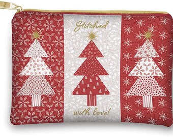 May include: A rectangular Christmas-themed zippered pouch with a gold zipper pull. The pouch features three Christmas trees in red and white patterns against a red snowflake background. The text "Stitched with love!" is also visible.